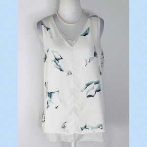 White Rose & Olive Chiffon Layered With Wisp Of Blue Flowy V-Neck Tank Top M